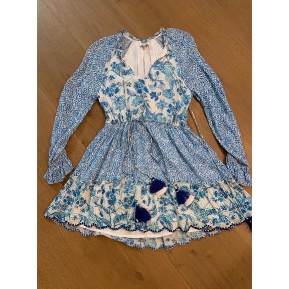 HEMANT & NANDITA Dresses & Skirts - Hemant and Nandita Blue White Floral Metallic Lurex Tassel Mini Dress XS